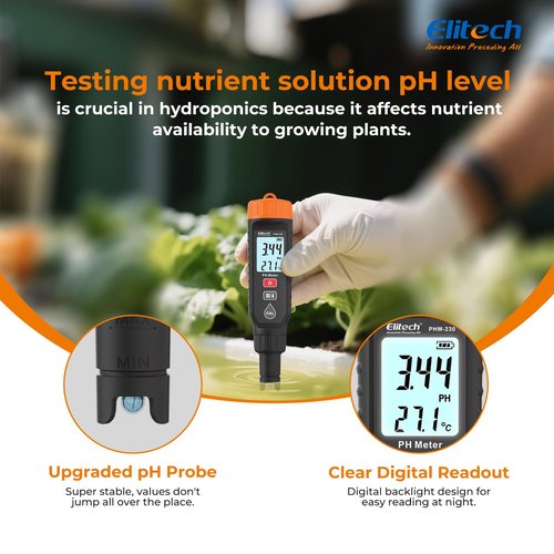 Elitech Professional pH Pen Meter - Digital Tester for pH & Temperature in Hydroponics, Growing Solutions with Full Calibration Kit for Plant Health, PHM-230