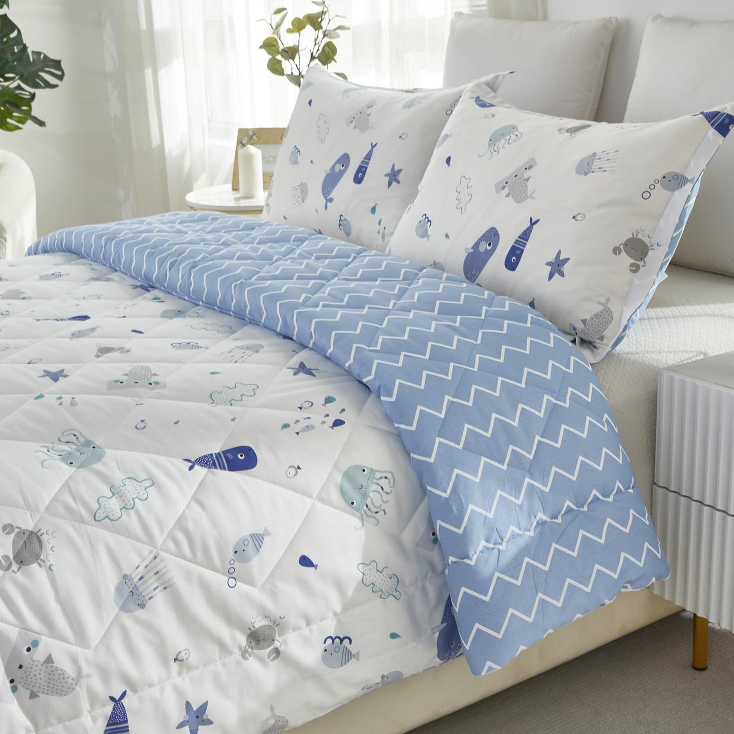 Brandream Kids Duvet Cover Twin Size Cotton Boys Girls Cute Cartoon Blue White Seaworld Comforter Set Ocean Fish Bedding Set 3 Piece