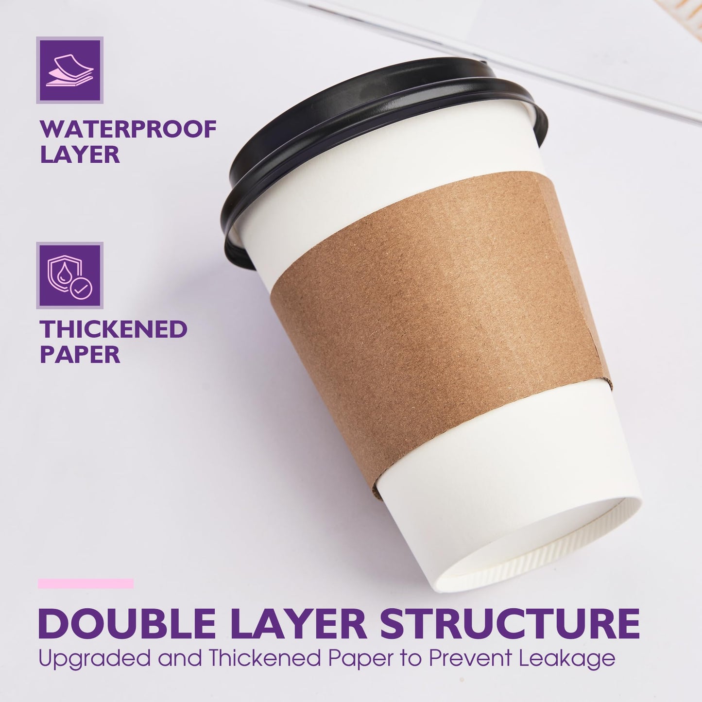 PACKINNO 12 oz 100 Pack Disposable Coffee Cups with Lids and Sleeves, Coffee Paper Cups with Lids, To Go Beverage Drinking Cup for Coffee, Tea