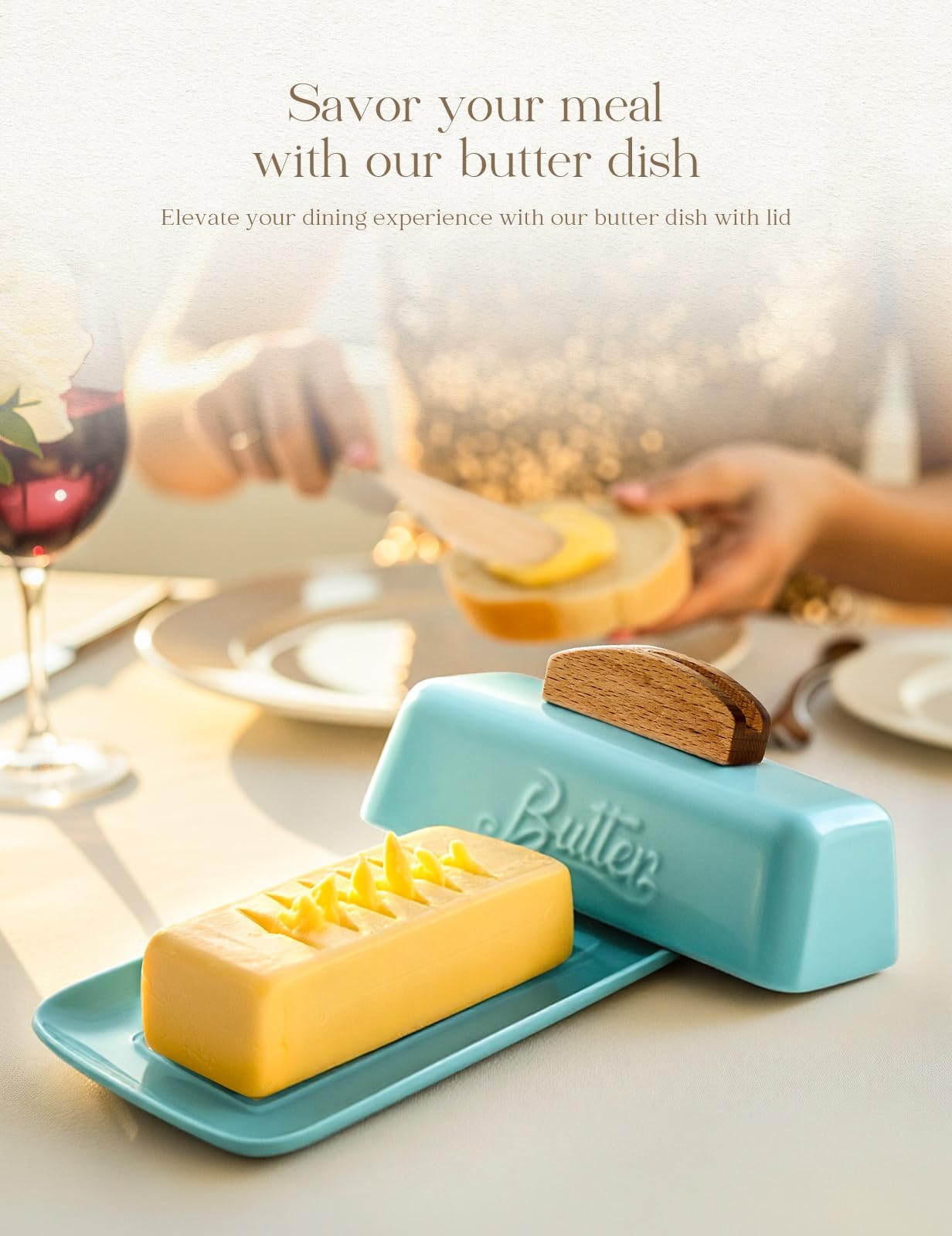 Butter Dish with Lid and Knife Ceramic Butter Holder for Counter Humanized Clamp-able Knife Handle Design, Perfect for East West Coast Butter, Skyblue