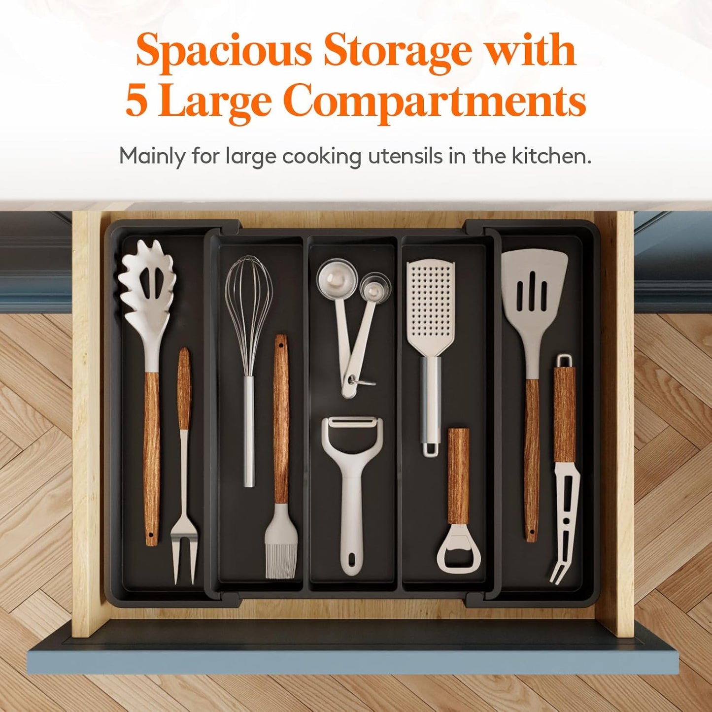 Lifewit Utensil Organizer for Kitchen Drawers, Expandable Cooking Utensil Tray, Adjustable Cutlery Silverware Flatware Holder, Plastic Spatula Tools Storage Divider, 11-18 x 14", Black