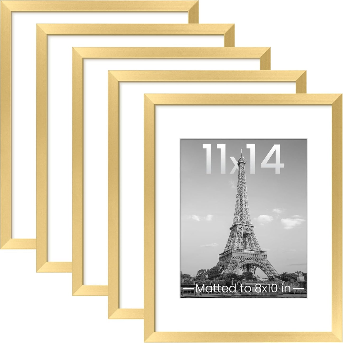 Upsimples 11x14 Picture Frame Set of 5 - Elegant Gold Frames for 8x10 Photos with Mat or 11x14 Without Mat