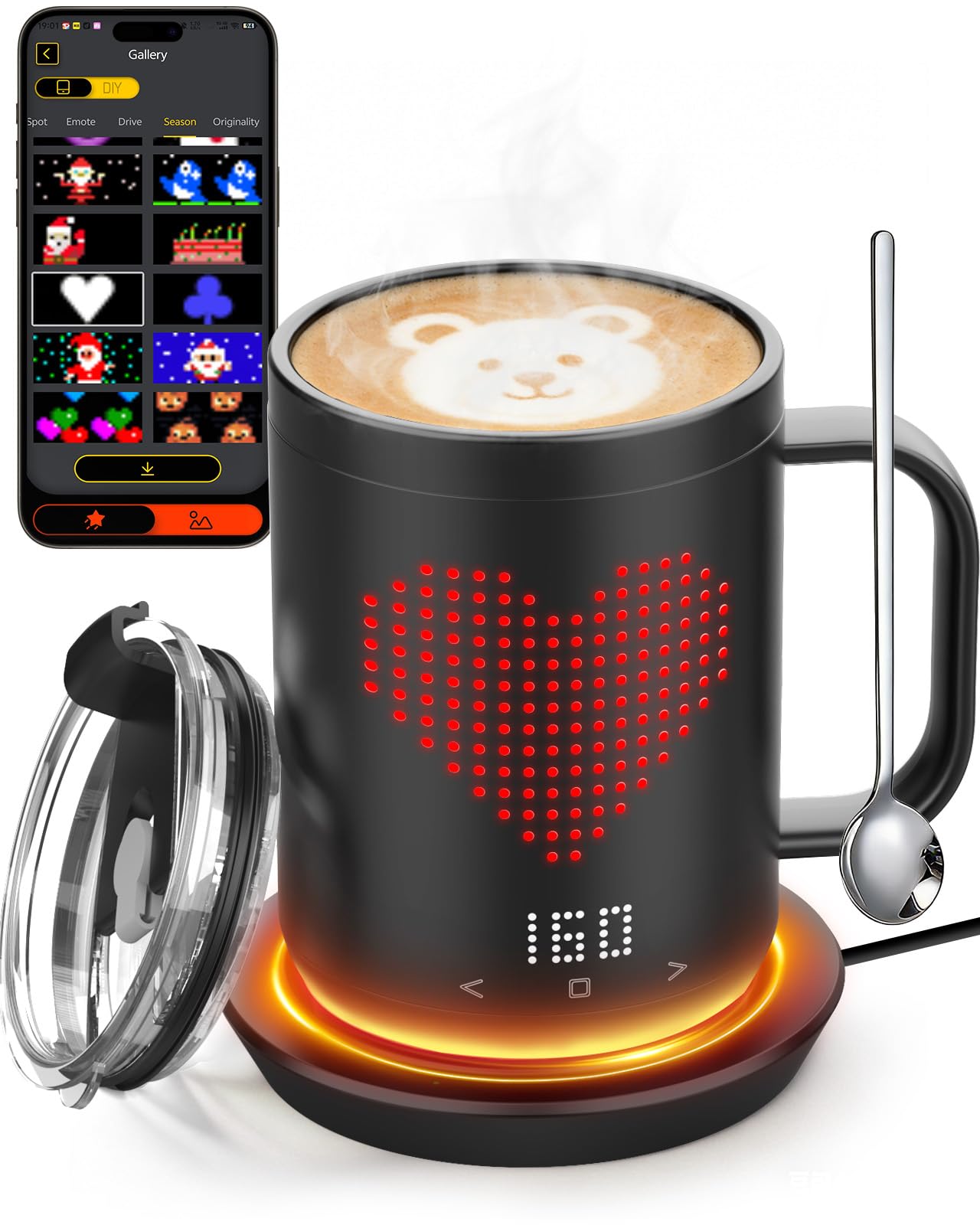 Coffee Mug Warmer with LED Pattern, Heated Coffee Mugs with 4500mAh*2 Ultra-Long Battery&±1°C Accuracy, Self Heating Mug Warmer Ideal for Coffee, Tea, Milk & Water, Coffee Warmer