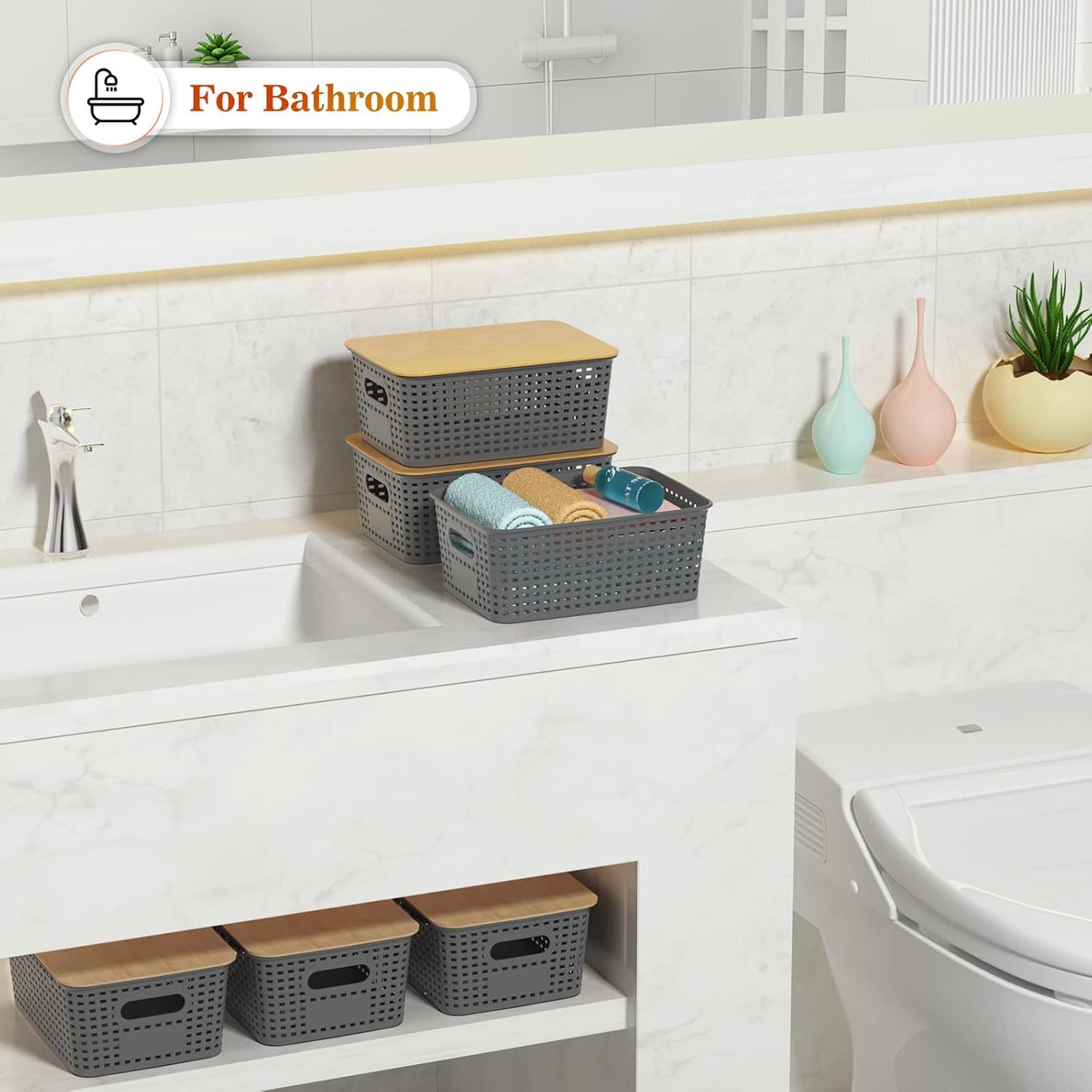 Plastic Storage Baskets With Bamboo Lid - Stackable Organizing Bins for Home & Office | 6 Pack, Gray