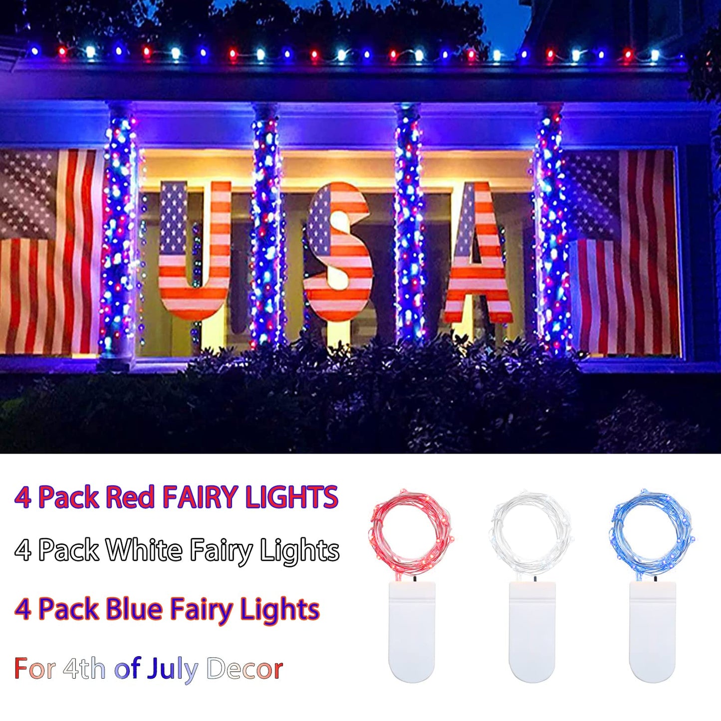 12 Pack 4th of July Lights 7 Feet 20 Led Waterproof Red White and Blue Lights Silver Wire Firefly Starry Moon Lights for Bedroom Independence Day Fouth of July Decor (Red & White & Blue)