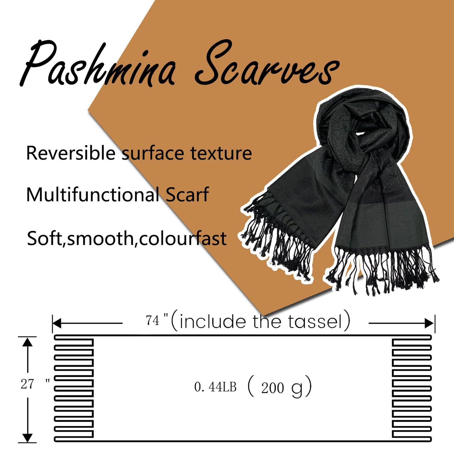 Wendyfull Pashmina Shawls and Wraps w/Fringe Two Tone Vintage Jacquard Paisley Rave Scarf for Weddings Festival (Black)