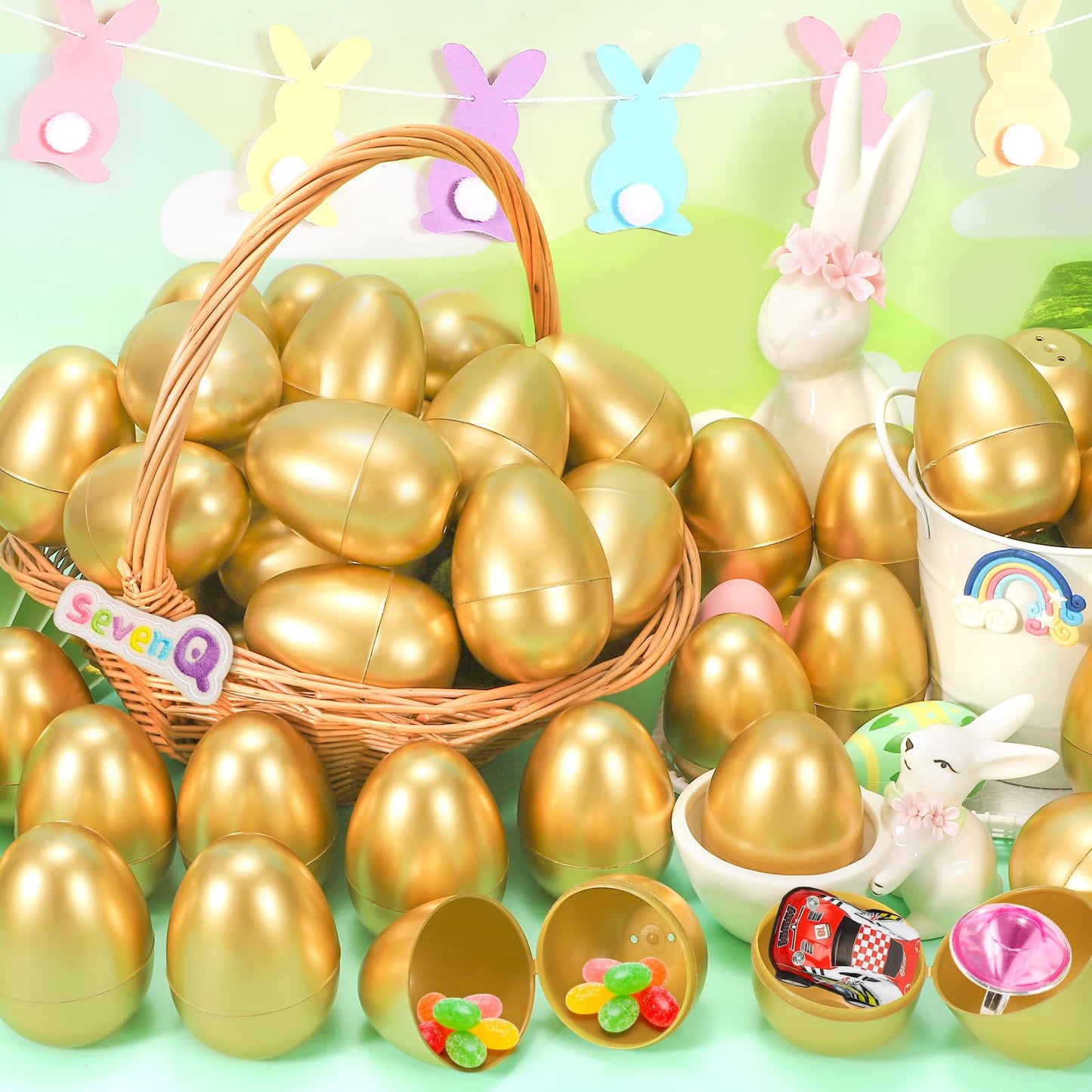 SevenQ Golden Plastic Easter Eggs Empty 36Pcs 3.15" Fillable Easter Basket Stuffers Fidget Toy Easter Gifts for Kids Party Favors Pinata Treasure Box Candy Goodie Bags Fillers Egg Hunt Essentials