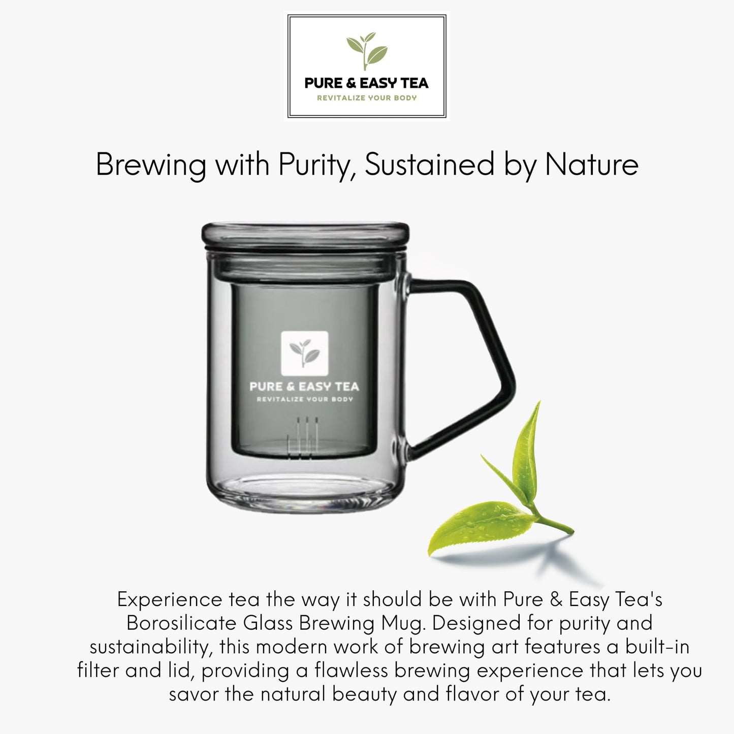 Pure And Easy Tea, Glass Tea Infuser Mug with Lid - Plastic-Free Borosilicate Steeping Cup for Loose Leaf Tea and Tisanes, 400 mL/13.5 oz