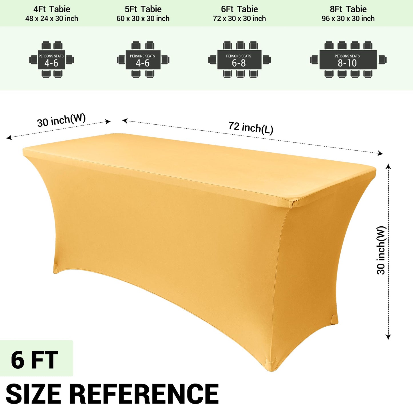 Obstal 6ft Stretch Spandex Table Cover for Standard Folding Tables - Universal Rectangular Fitted Tablecloth Protector for Wedding, Banquet and Party, 72L x 30W x 30H Inches, Gold, 2pc