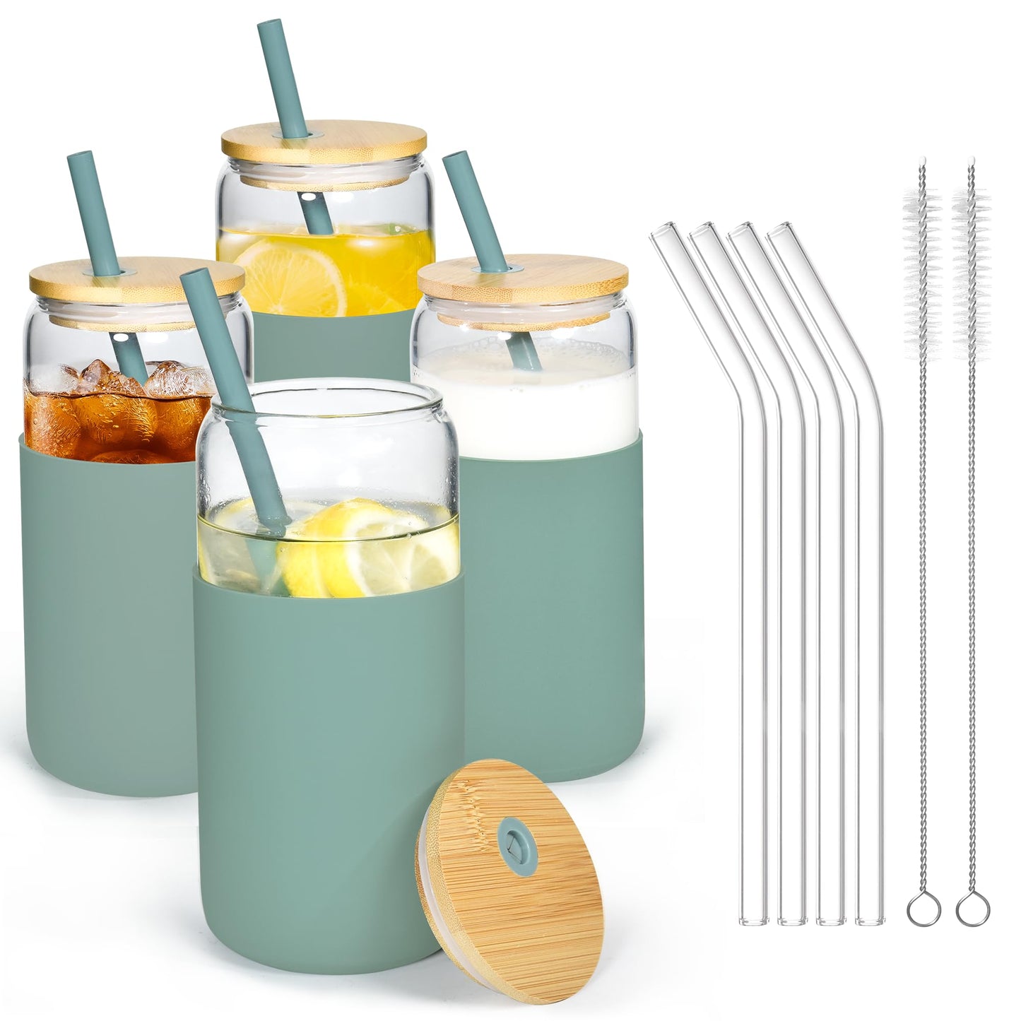 Icesip 20 oz Glass Cups with Lids and Straws Iced Coffee Glasses with Silicone Protective Sleeve Drinking Glasses Set of 4 for Juice Beer Soda(Green*4)