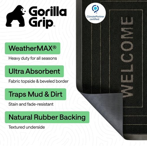 GORILLA GRIP Waterproof All-Season WeatherMAX Doormat - Natural Rubber, Stain & Fade Resistant, 29x17, Black