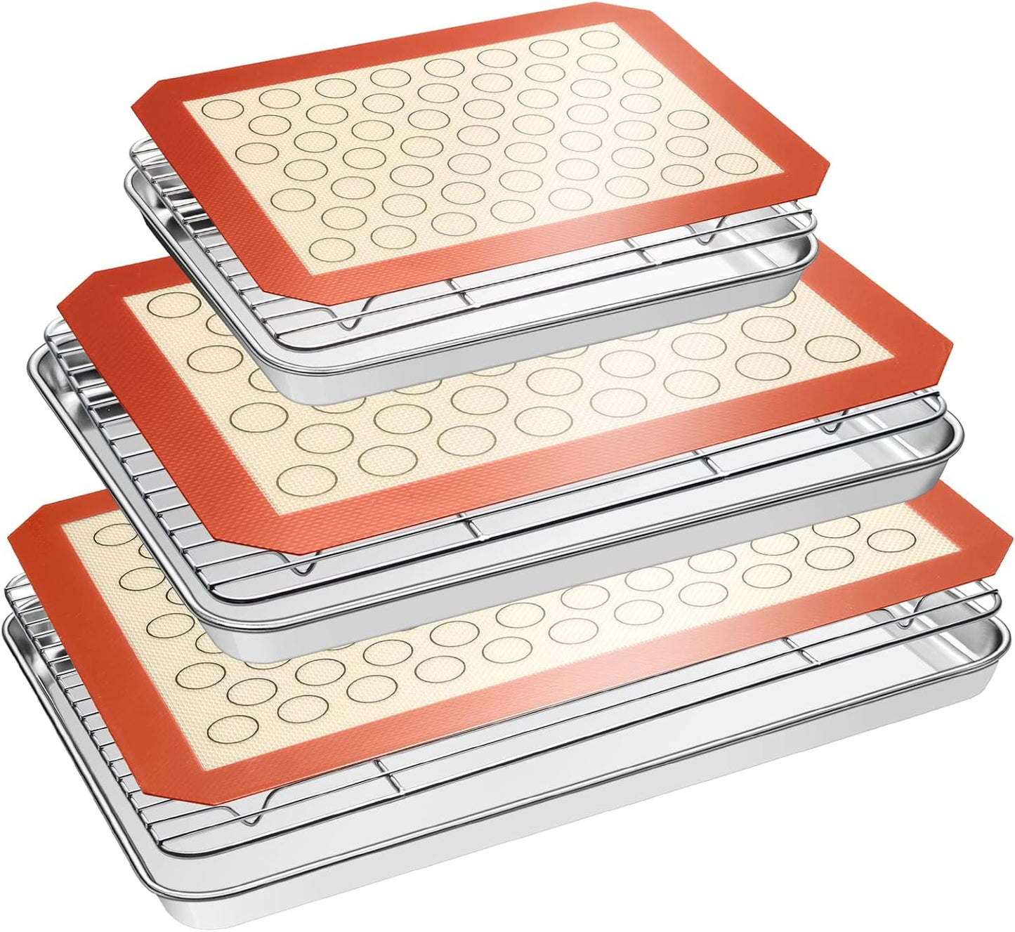 Skiennix Baking Sheet Tray Set - Heavy Duty Stainless Steel Cookie Pans with Silicone Mats | 9-Piece Set in Red