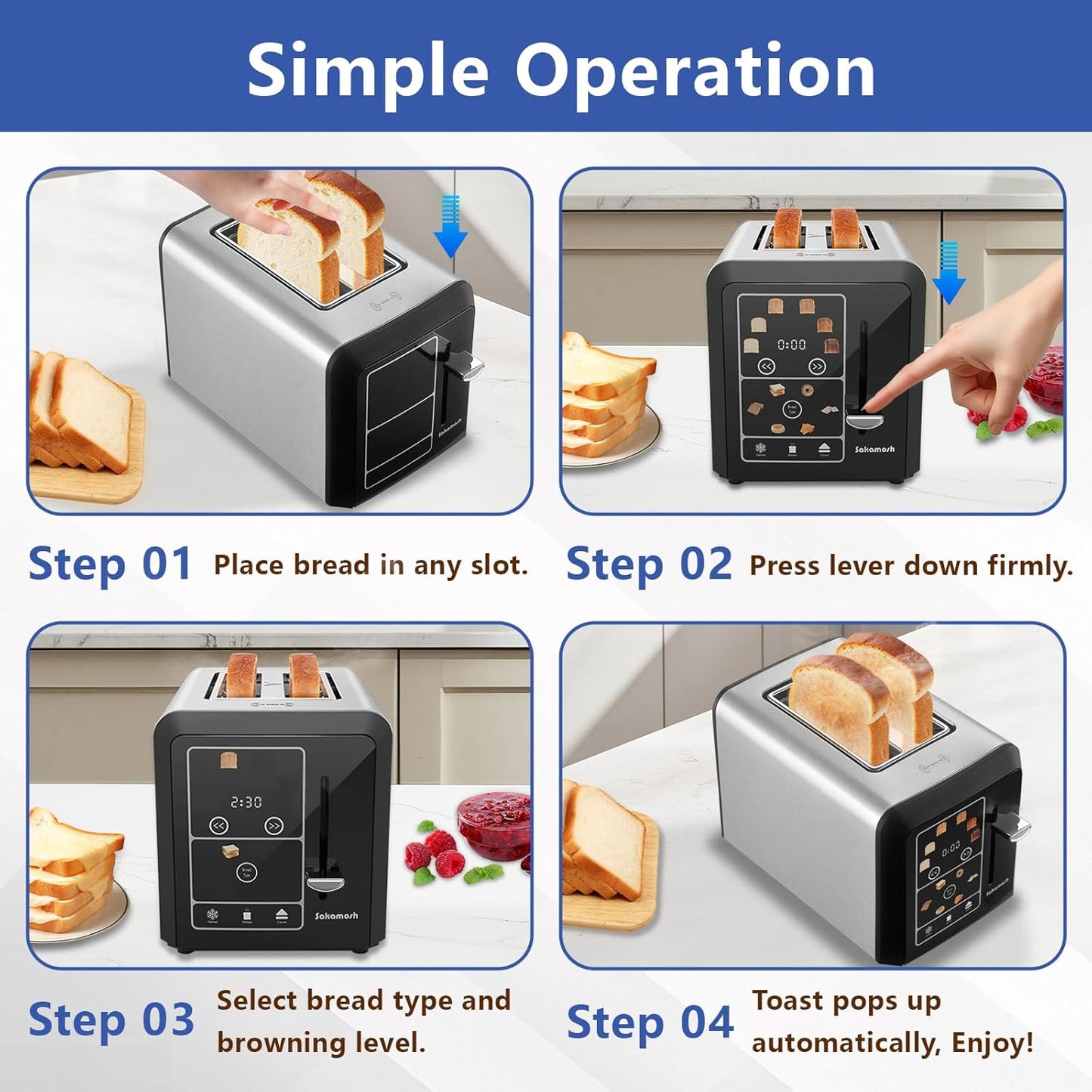 SAKAMOSH 2-Slice Toaster - Smart Digital Display with 6 Browning Levels & 1.3" Wide Slots - Stainless Steel, 800W