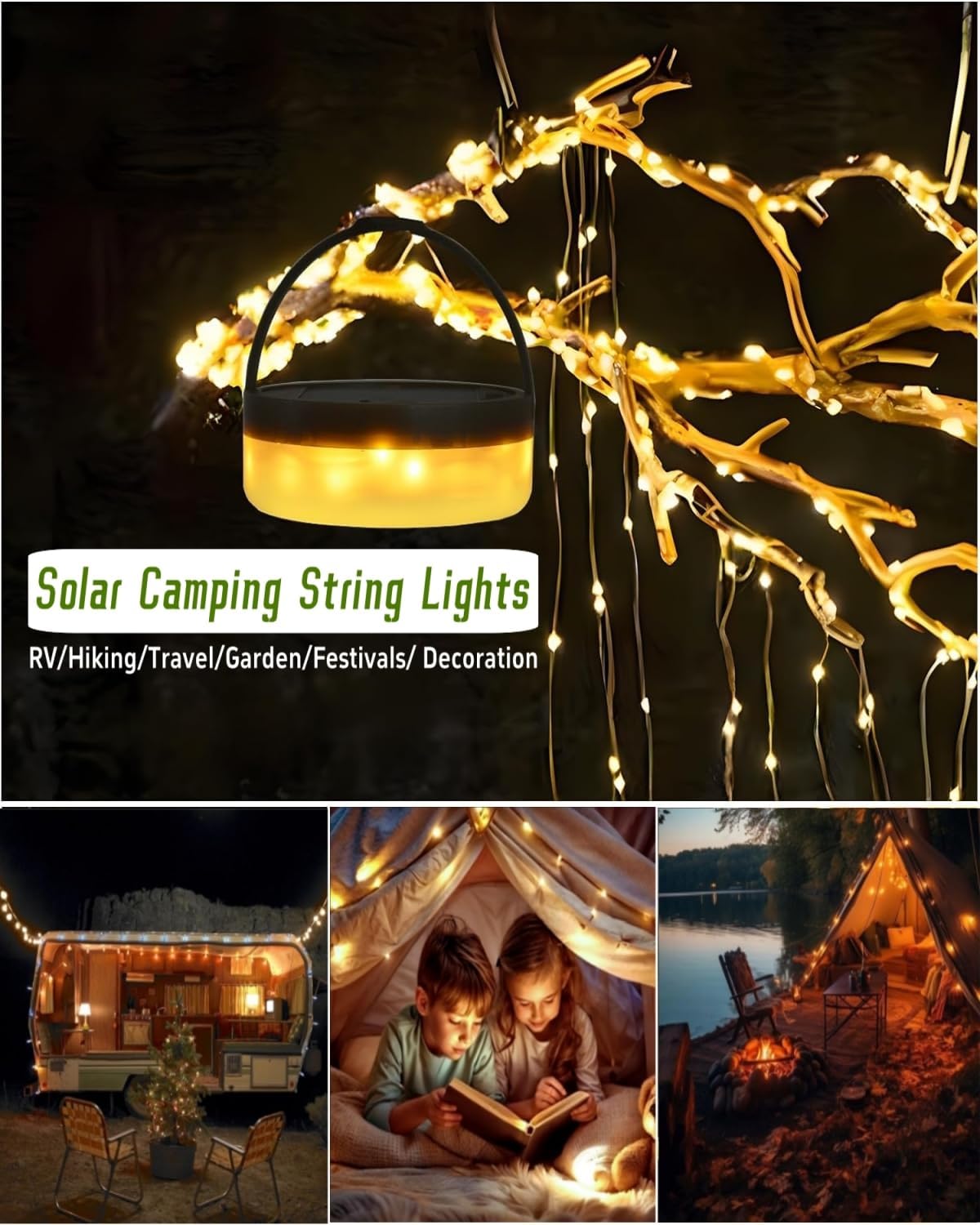 Skiennix Solar Camping String Lights - 39.4 FT Waterproof Fairy Lights with 8 Lighting Modes | Portable LED Lantern for Outdoor Parties