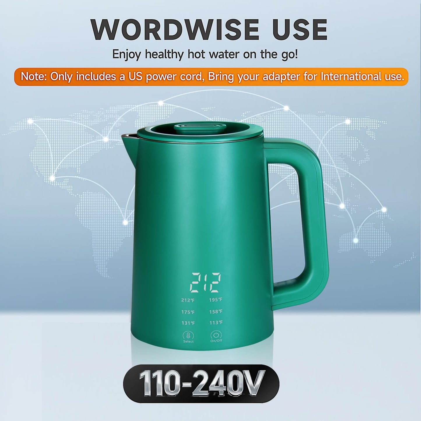 650ml Small Electric Kettle with 6 Temperature Control,800W Dual Voltage 110-240V Fast Heat Hot Water Boiler,304 Stainless Steel Portable Travel Electric Kettle Small,12H Keep Warm (Green)