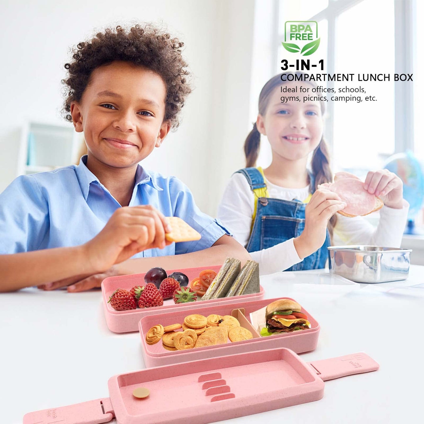 Meltset M Bento Box Japanese Lunch Box Kit Leakproof Bento Lunch Box for Kids Adults Wheat Straw 3 Layer Stackable Lunch Containers with Compartment Eco-Friendly Meal Prep Containers (Pink)