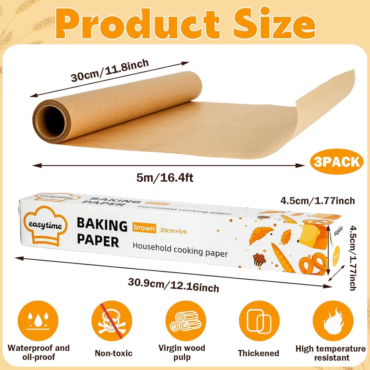 Unbleached Parchment Paper Roll - High Temperature Resistant Non-Stick Baking Paper | 12in x 49ft