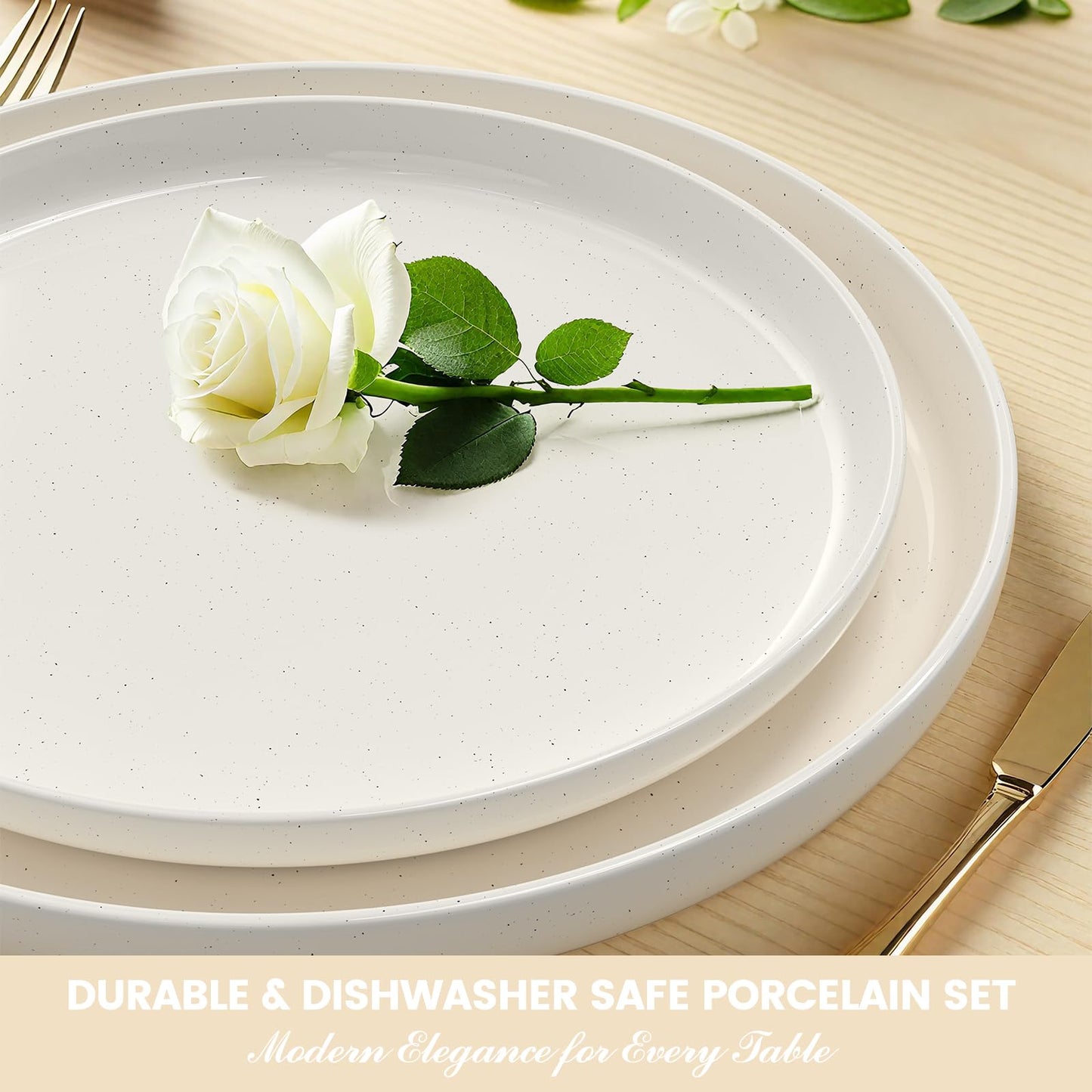 Plates and Bowls Sets, Scratch Resistant Dinnerware Sets for 8, 24 Pieces Porcelain Ceramic Dishware Dishes Set, Modern Stoneware Kitchen Dinner Set, Microwave and Dishwasher Safe, Cream White