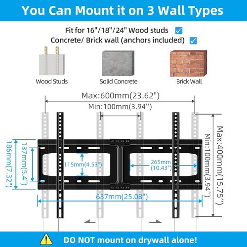 HOME VISION Heavy Duty TV Wall Mount - Fits 32-86 Inch Flat Screens, Max VESA 600x400mm, Up to 165lbs