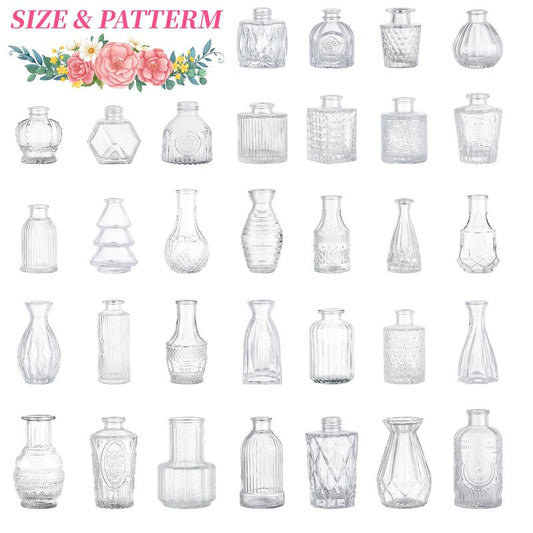 32 Pcs Clear Glass Bud Vases in Bulk, Vintage Embossed Small Vases for Centerpieces, Mini Floral Vases for Wedding Decor, Baby Shower, Table Decorations, 3.1"-5.1"