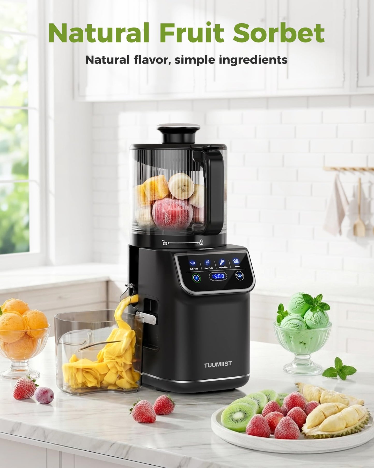 TUUMIIST 3-in-1 Cold Press Juicer Machine, Smart Touch Masticating Juicers for Whole Fruit & Vegetable, 6.5" Wide Chute Slow Juicer for Nut Milk & Sorbet, High Yield, 100oz Large Capacity, Easy Clean