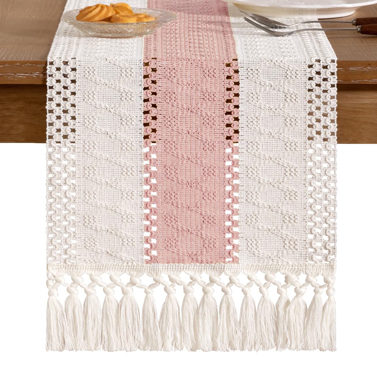 Socomi Boho Table Runner Easter Spring Farmhouse Rustic Dining Kitchen Centerpiece Decor Small Macrame Woven Cotton Linen Coffee Table Runner for Dresser Scarf Home Decor 12x60 inPink Ivory