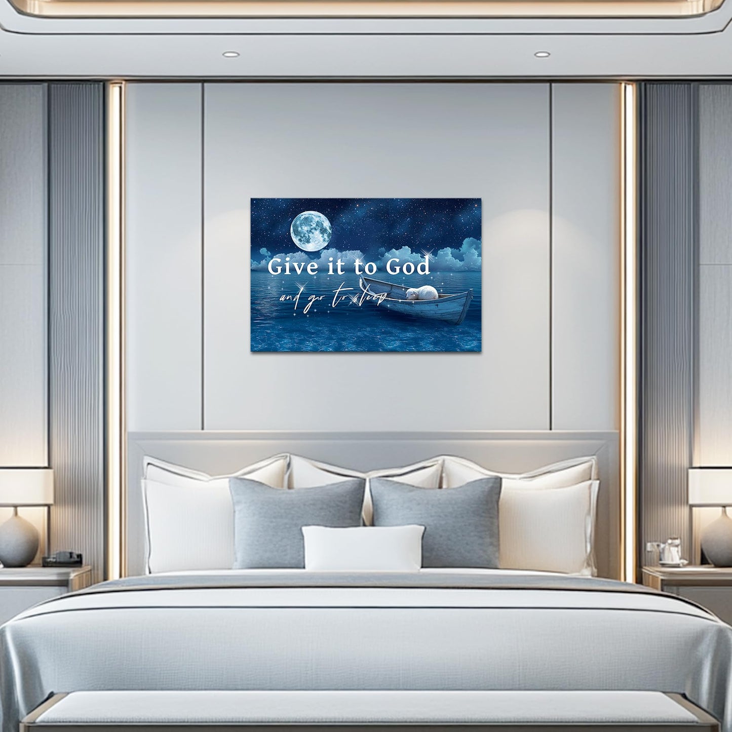 Vefacaiyo Give It to God and Go to Sleep Wall Decor Christian Inspirational Quotes Canvas Wall Art for Home Living Room Bedroom Framed Ready to Hang 24x16 Inch (Brown)