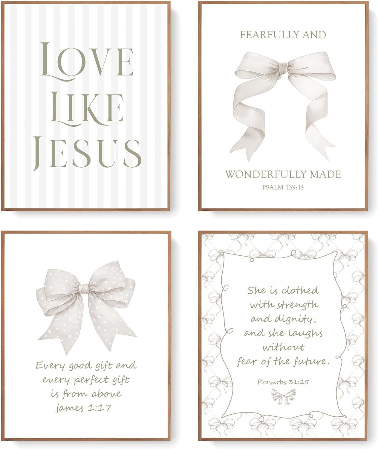 LARTSFRO Coquette Beige Bow Wall Art - Inspirational Christian Decor for Bedroom & Bathroom | Set of 4 Unframed 10x8 Inch Prints