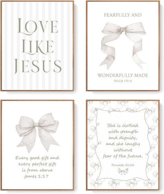 LARTSFRO Coquette Beige Bow Wall Art - Inspirational Christian Decor for Bedroom & Bathroom | Set of 4 Unframed 10x8 Inch Prints