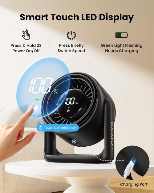 Gaiatop Desk Fan - Ultra Quiet 5-Speed Touch Control Fan with LED Display | 7.7 Inch, Black