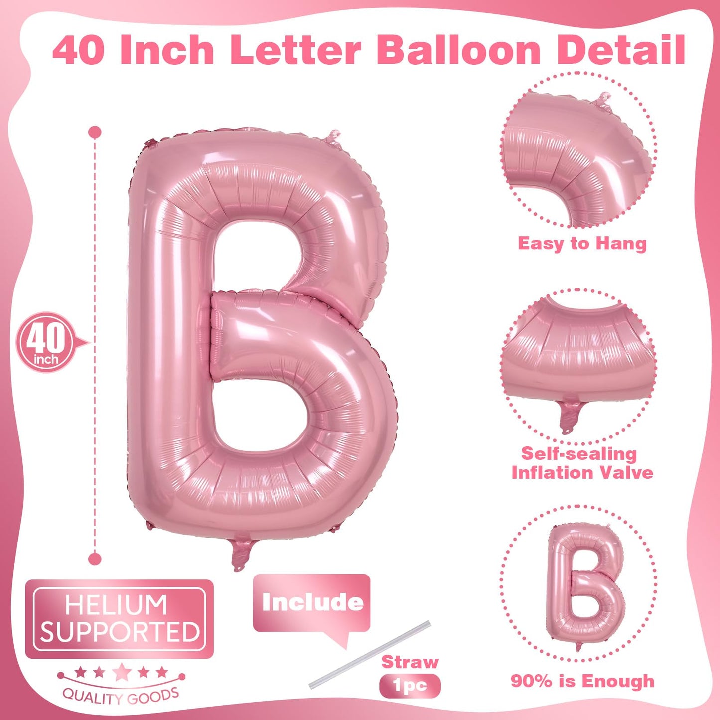 40 Inch Giant Pink Letter Balloon B, Foil Balloon Pastel Pink, Light Pink Helium Alphabet Balloon B Can Form Word OH BABY BRIDE, Mylar Letter Balloon for Women Birthday Party Decoration Supplies