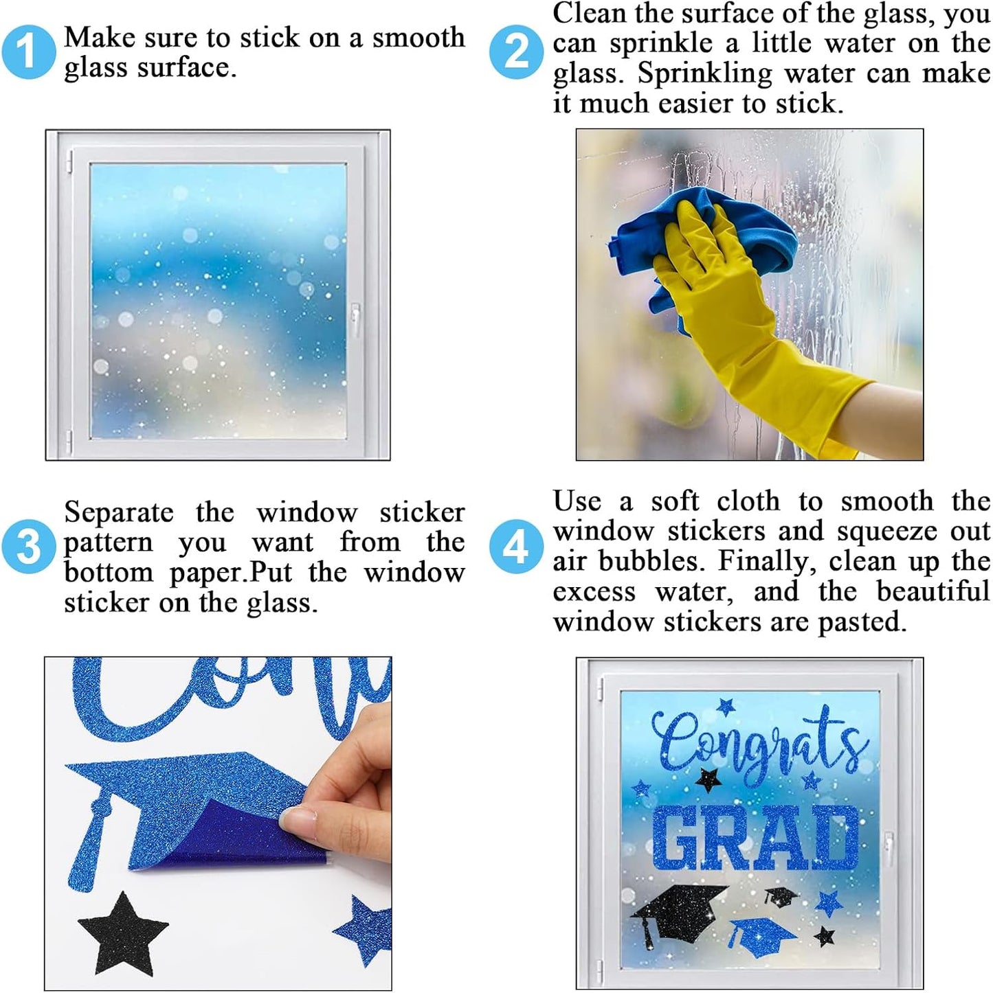 Whaline Glitter Graduation Window Clings - Reusable Blue & Black Decor for Home & School Celebrations