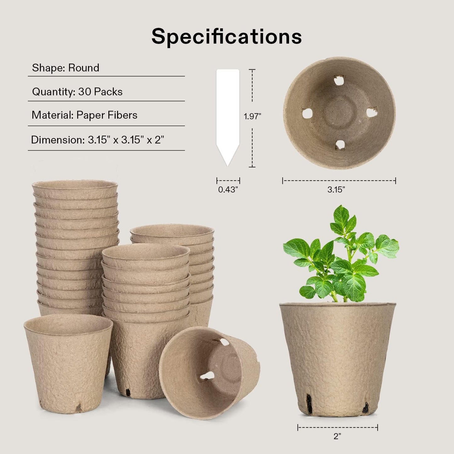 VIVOSUN 3.15-Inch Peat Pots - 30 Pack Seed Starting Pots with Drainage Holes & 20 Plant Labels
