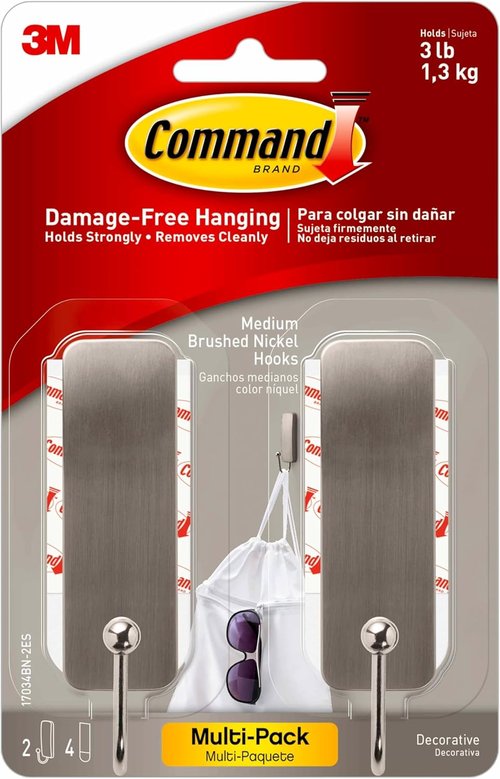 Command Medium Brushed Nickel Wall Hook - Damage-Free Adhesive Coat Hooks | Holds Up to 3 lb