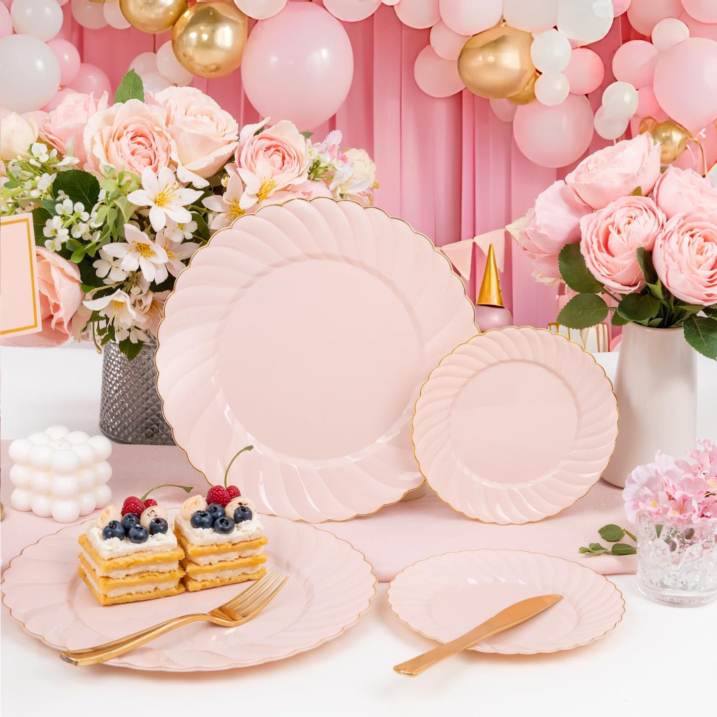 YOUBET 125Pcs Pink Plastic Plates with Gold Rim - Scalloped Plastic Plates Set Includes 25 Dinner, 25 Dessert Plate, 75 Gold Silverware for 25 Guests for Wedding Birthday Baby Shower Mothers Day