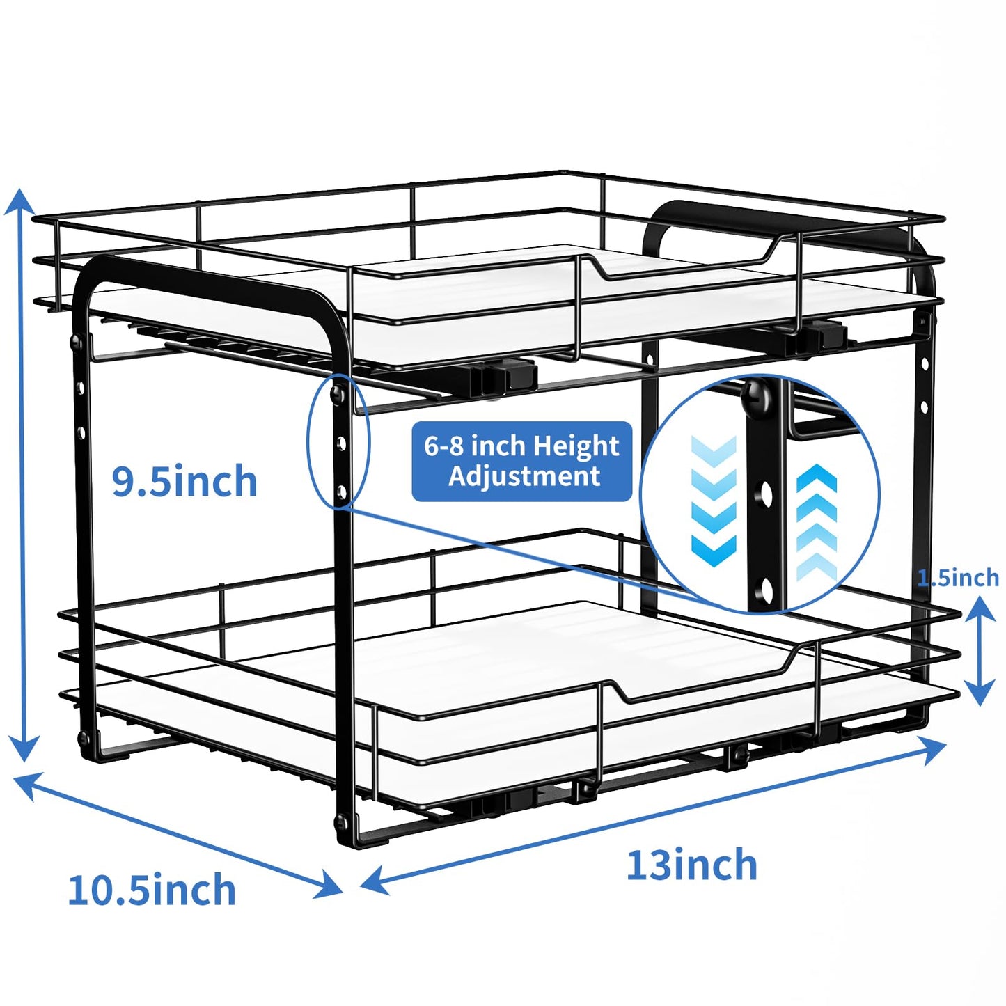 BOIVSHI 2-Tier Pull Out Spice Rack, Spice Rack Organizer, Pull Out Spice Racks for Inside Cabinets, Height Adjustable Heavy Duty Metal Basket for Inside Cabinet & Pantry (13.5''Wx10.5''Dx9.5''H)