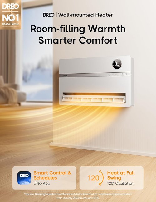 Dreo Smart Wall Heater - 1500W Electric Space Heater with 120° Oscillation & Remote Control | Indoor Use, Works with Alexa
