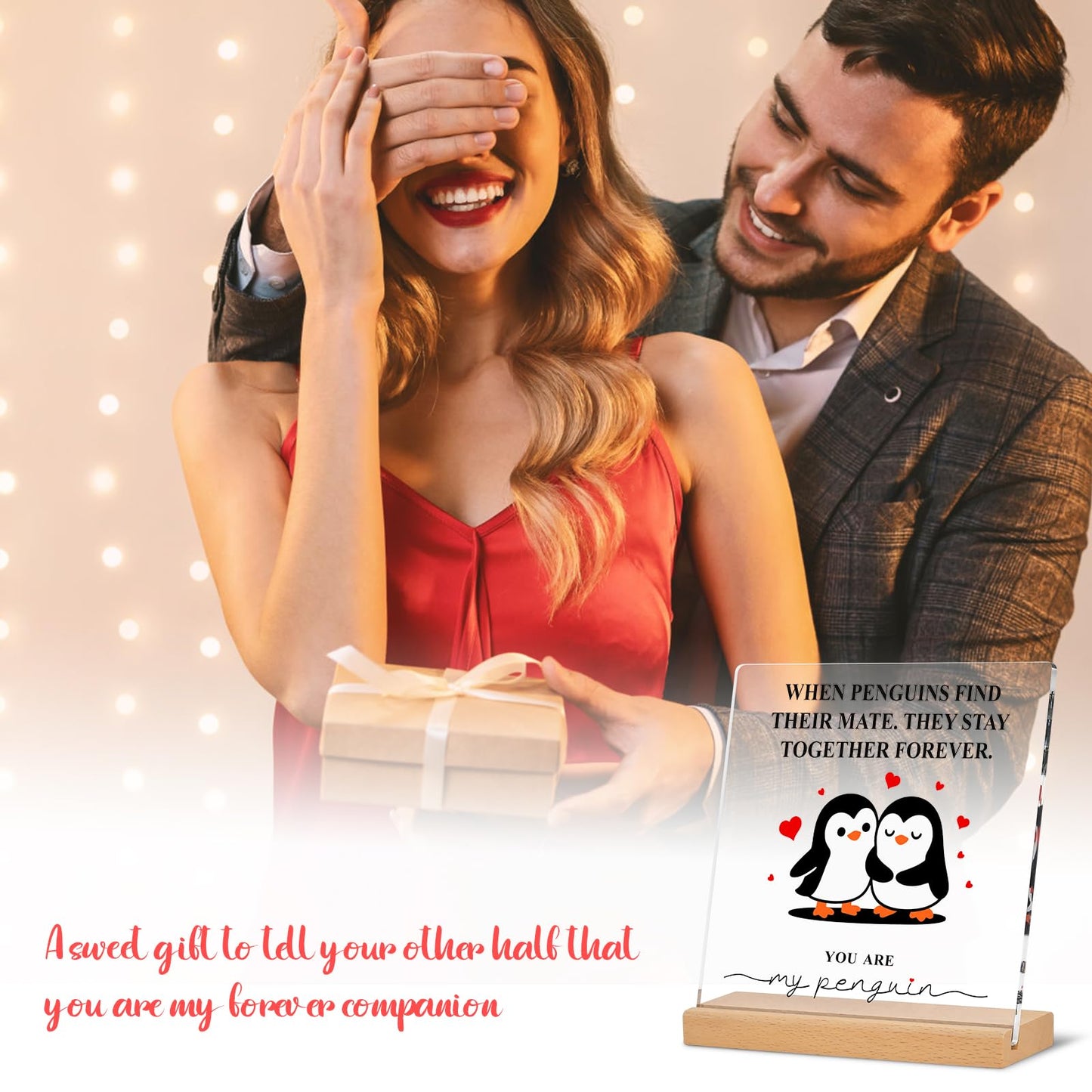 Atichwem Romantic Penguin Acrylic Plaque with Wooden Stand, 5.9×5.9 Inch Clear Acrylic for Home Office Decor, Wedding Engagement Anniversary Birthday Valentines Day Gifts for Couples Him Her