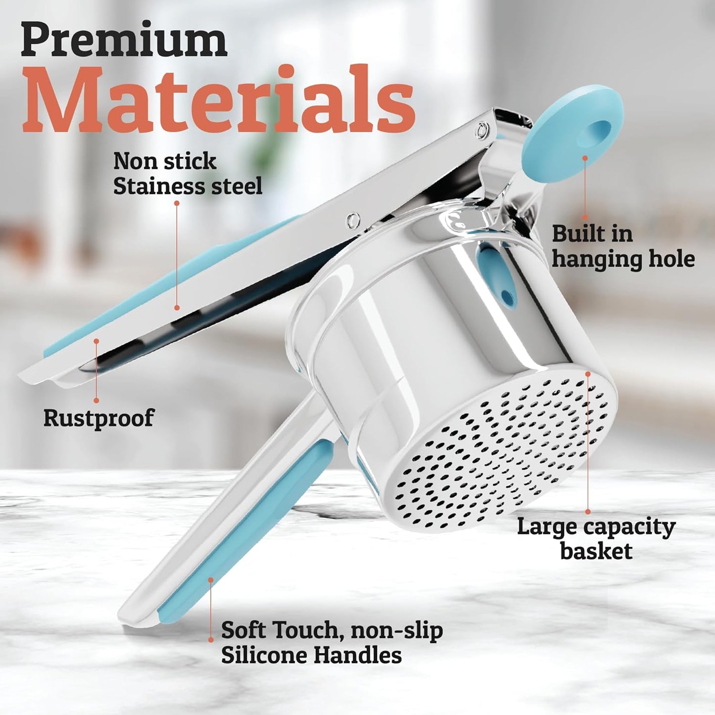 PriorityChef 15oz Potato Ricer - Heavy Duty Stainless Steel Masher for Perfect Mashed Potatoes | Silver & Turquoise