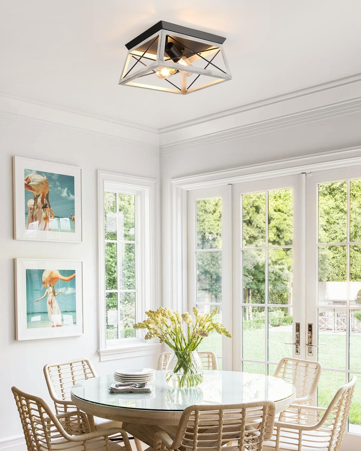 Farmhouse Flush Mount Ceiling Light Oak White Ceiling Light Fixtures 2-Light Industrial Vintage Metal-Framed Ceiling Lighting for Hallway Foyer Kitchen Dining Room Bedroom Living Room Laundry