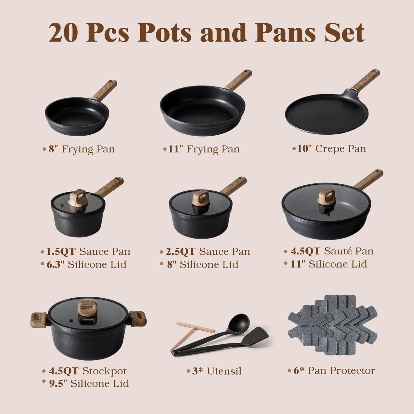 SENSARTE Nonstick Pots and Pans Set - 20-Piece Black Titanium Cookware, Induction Compatible & Dishwasher Safe