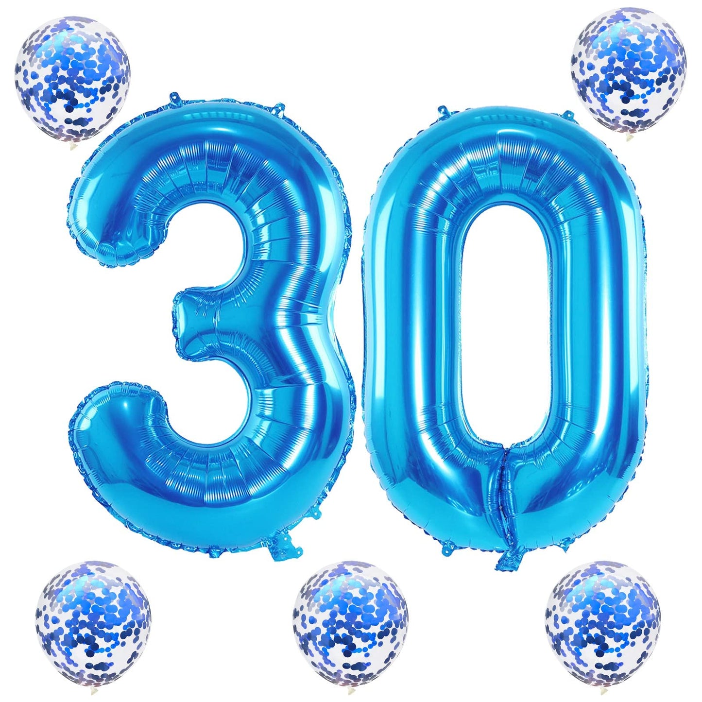 40 Inch Number 30 Foil Balloons, Large Blue 30th Birthday Digital Balloons with Blue Confetti Helium Balloons, Number 0 and 3 Helium Balloons Self Inflating for Men Women Anniversary Party Decorations