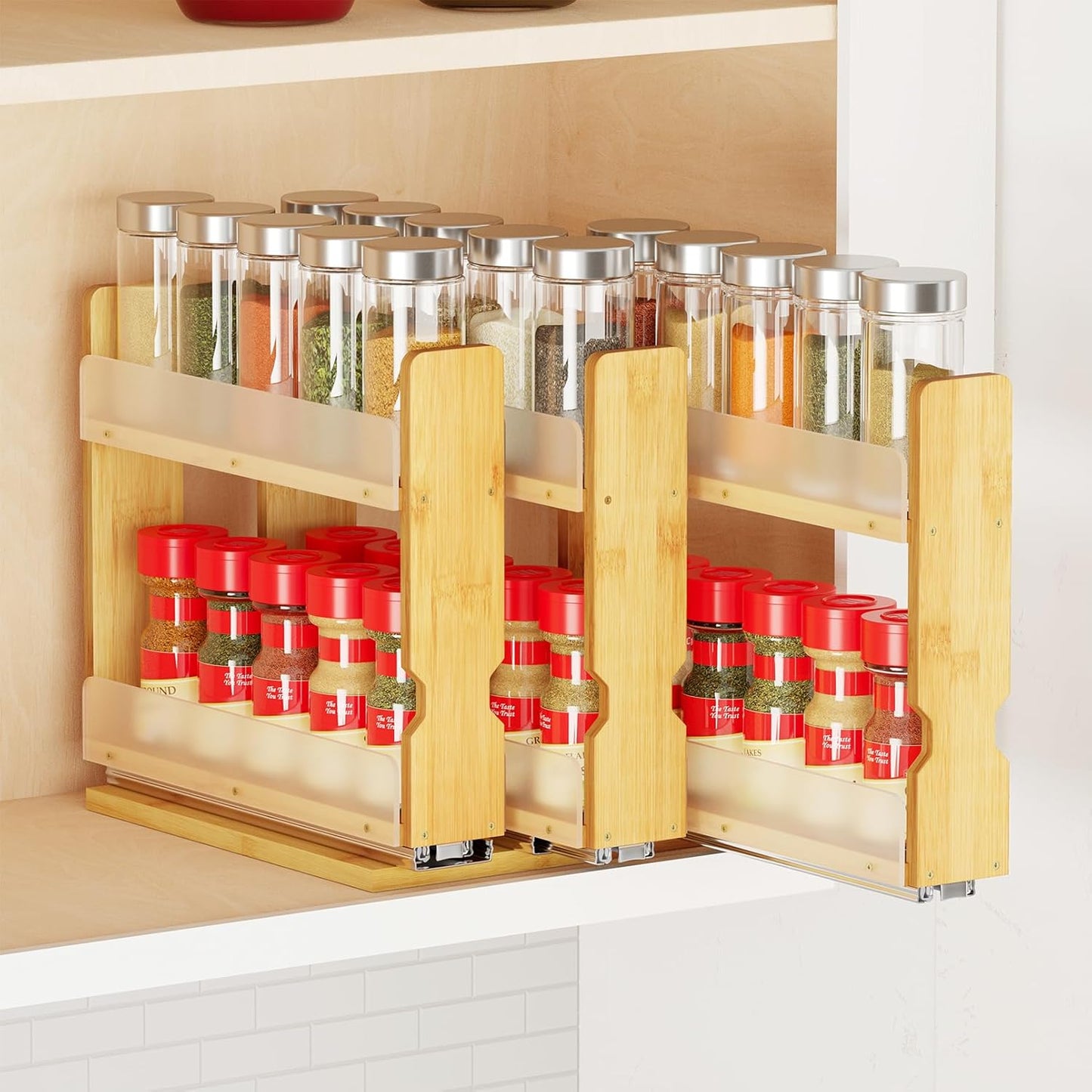SpaceAid Bamboo Spice Rack Organizer - Heavy Duty Pull-Out Kitchen Storage, 7.6" Wide, 3 Drawers, Natural Finish
