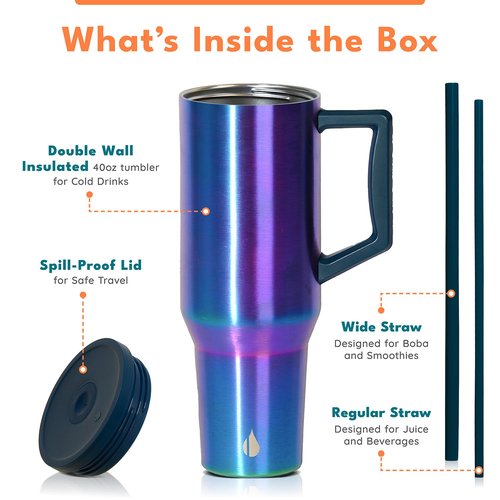 Elemental 40 oz Tumbler with Handle and Straw - Spill Proof Insulated Stainless Steel Commuter for Cold Beverages - Travel Coffee Mug with 2 Straws & Spill Proof Lid - 40oz - Iridescent