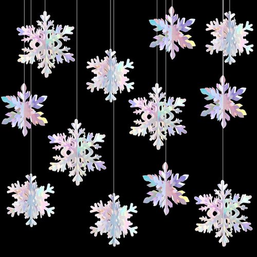 Hugtmr Iridescent Holographic Snowflake Garland - 12Pcs 3D Winter Wonderland Decorations | Perfect for Christmas & Parties