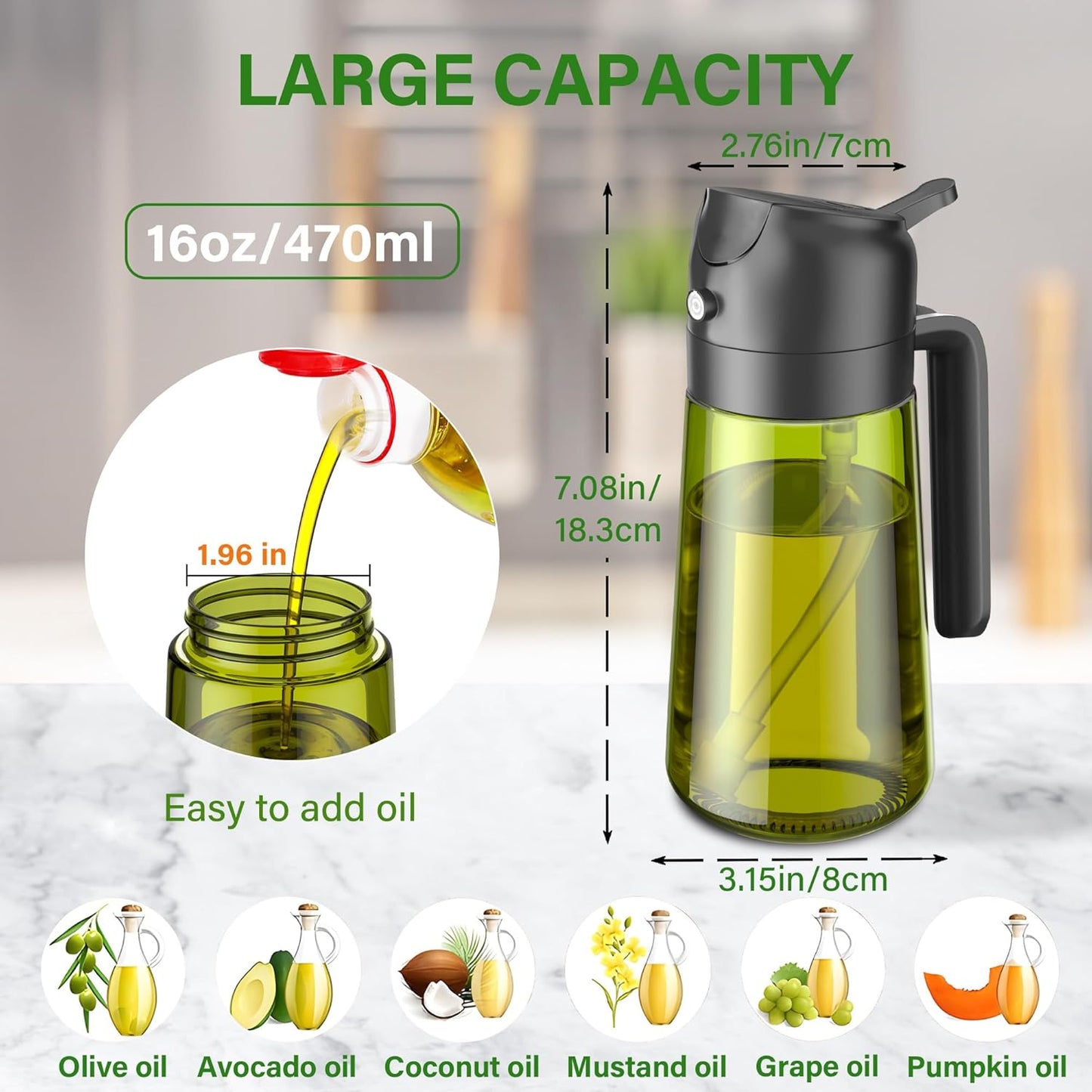 Vakoo 2 in 1 Oil Sprayer - 16oz Dark Glass Olive Oil Dispenser for Cooking & BBQ (Black/White)