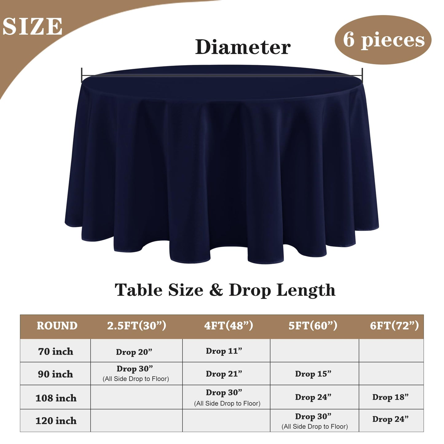 Fitable 6 Pack Navy Round Table Clothes - 70 Inches in Diameter - Stain Resistant and Washable Tablecloths, Polyester Fabric Table Covers for Wedding, Party, Banquet, Gathering