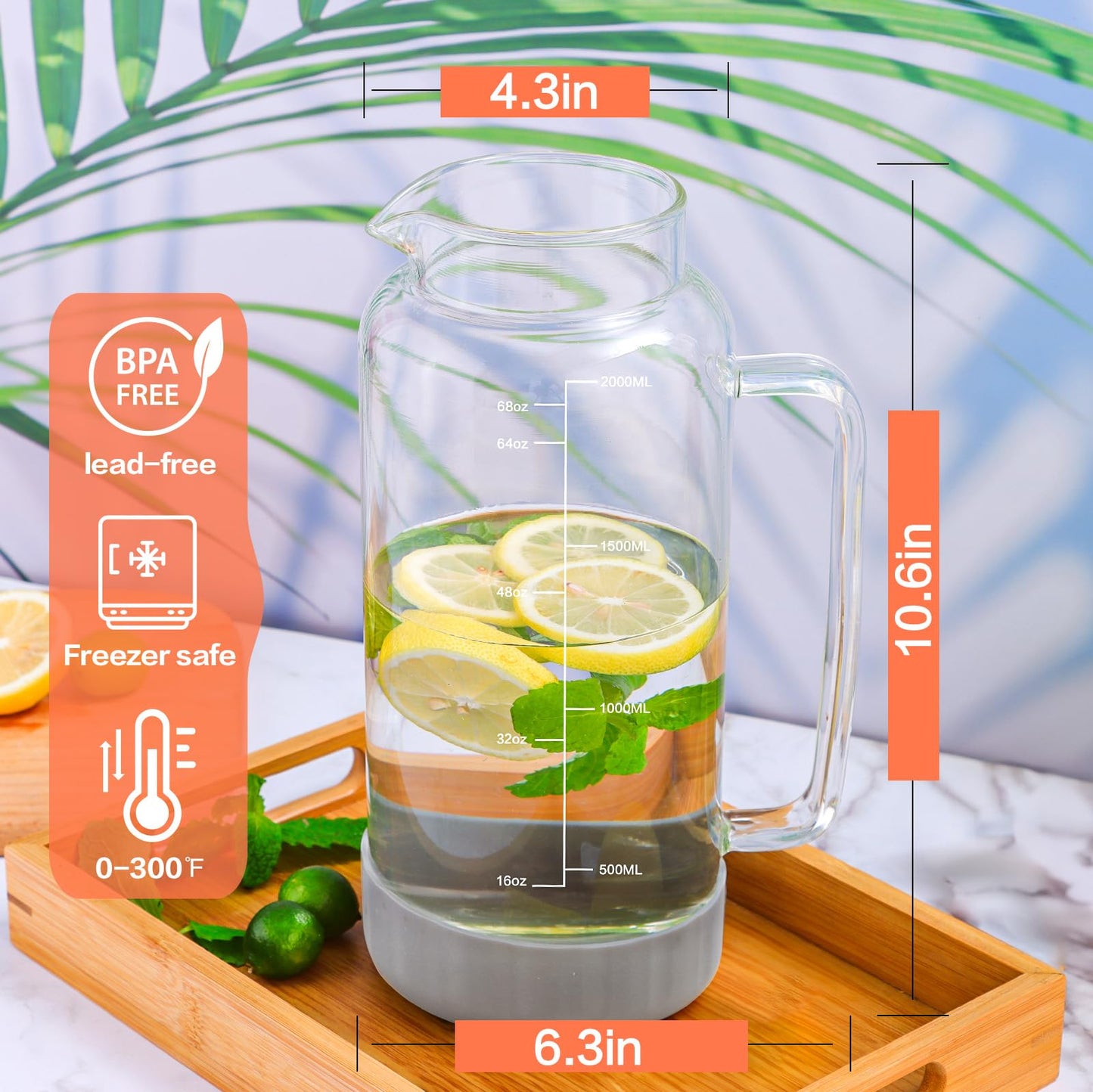 Aofmee 68oz Glass Pitcher with Lid, 2 Liter Water Carafe with Silicone Base and Precise Scale Line, Ice Tea Pitcher for Fridge, Anti-Slip Glass Jug for Sun Tea Juice Coffee Milk Beverage (Gray)