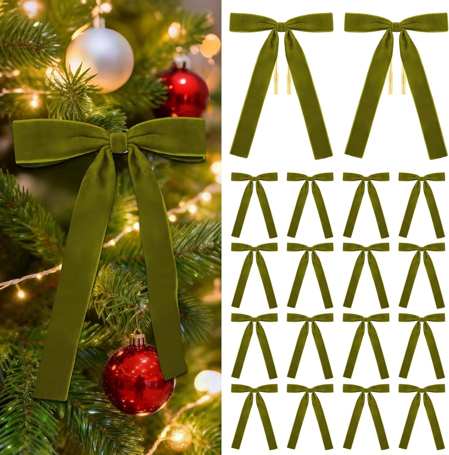 Skiennix 18Pcs Olive Green Velvet Bows - Elegant Christmas Tree Decorations | 5x7", 1" Wide