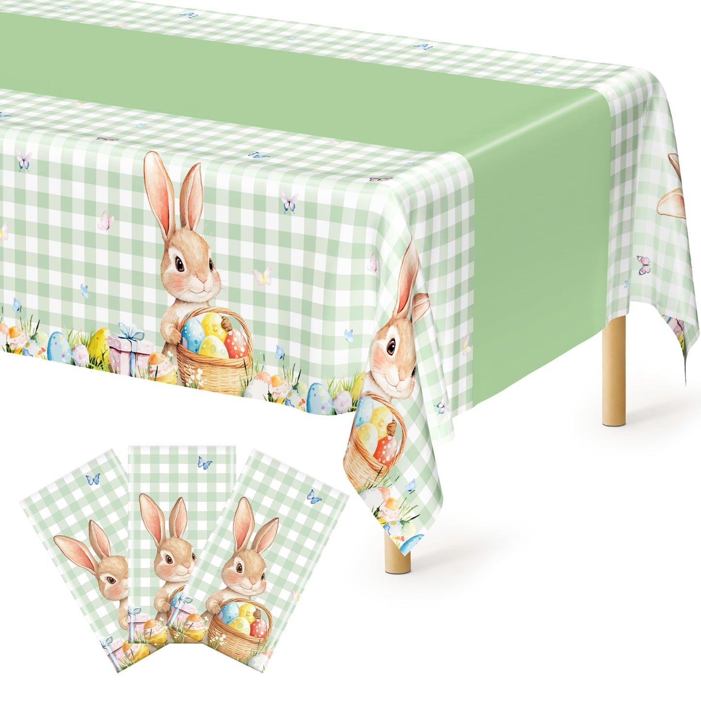 QZYL 3 Pack Easter Tablecloths, 54" x 108" Disposable Easter Decorations, Sage Green Bunny Plaid Spring Tablecloth, Rectangle Plastic Easter Table Cloth with Easter Party Decorations Supplies Favors